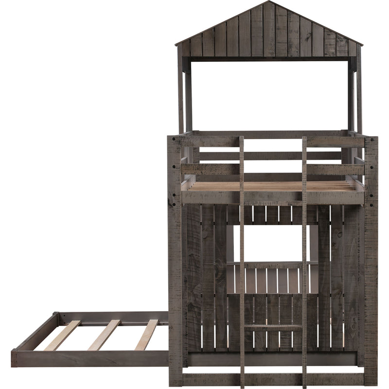 Wooden Twin Over Full Bunk Bed, Loft Bed with Playhouse, Farmhouse, Ladder and Guardrails , Antique Gray( old sku: LT000027AAE )