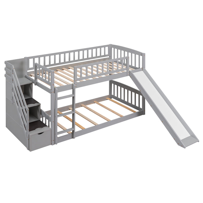 Stairway Twin over Twin Bunk Bed with Two Drawers and Slide, Gray(OLD SKU :LT000155AAE)