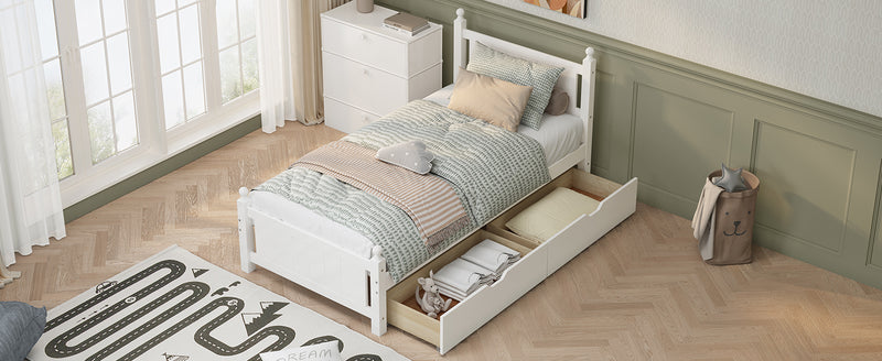 Twin Size Solid Wood Platform Bed Frame with 2 drawers for Limited Space Kids, Teens, Adults, No Need Box Spring, White