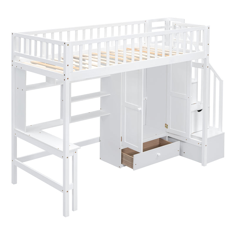 Twin size Loft Bed with Bookshelf,Drawers,Desk,and Wardrobe-White