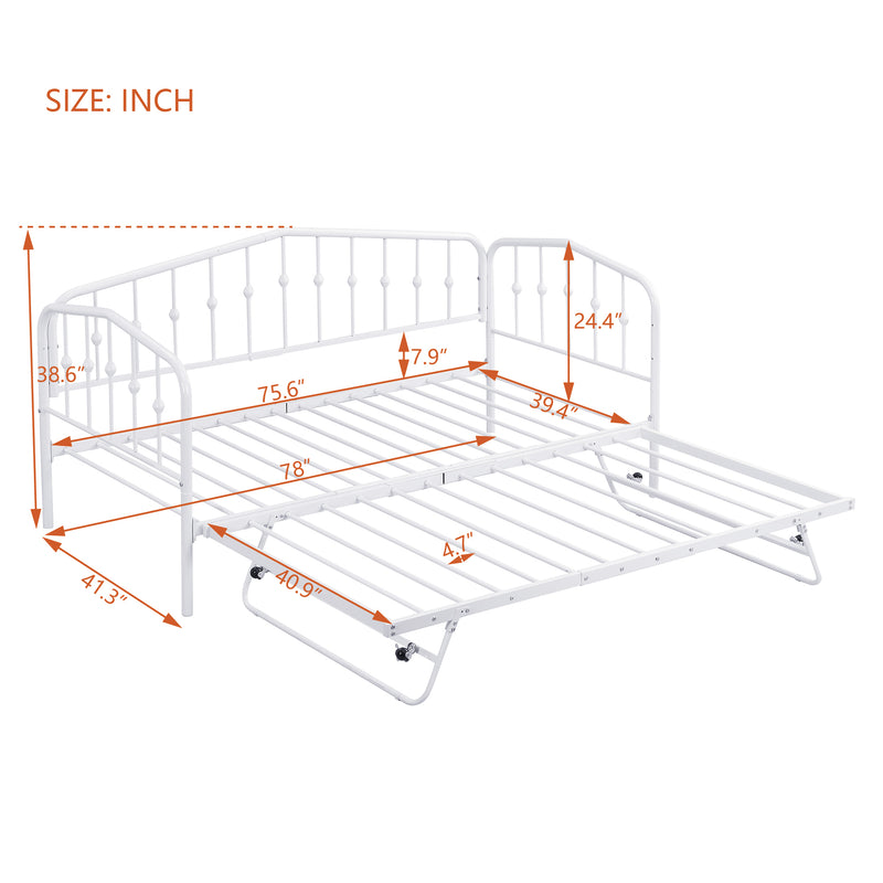 Twin Size Stylish Metal Daybed with Twin Size Adjustable Trundle, Portable Folding Trundle, White