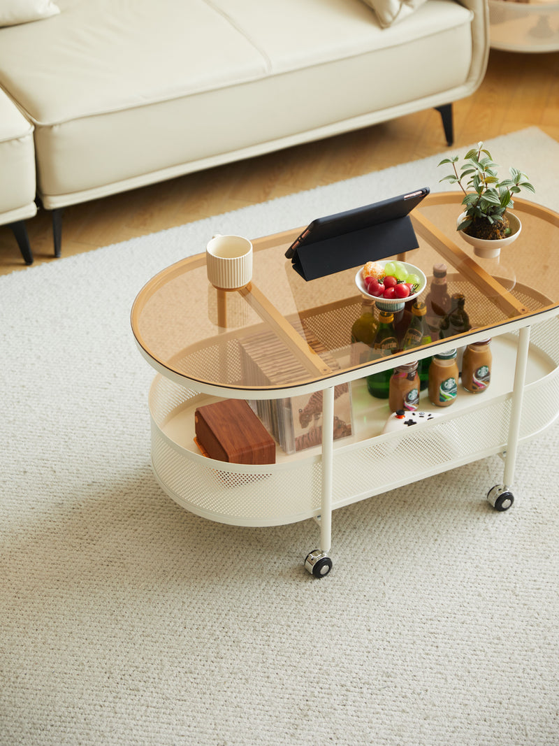 Movable Oval Metal Glass Coffee Table With Storage - White