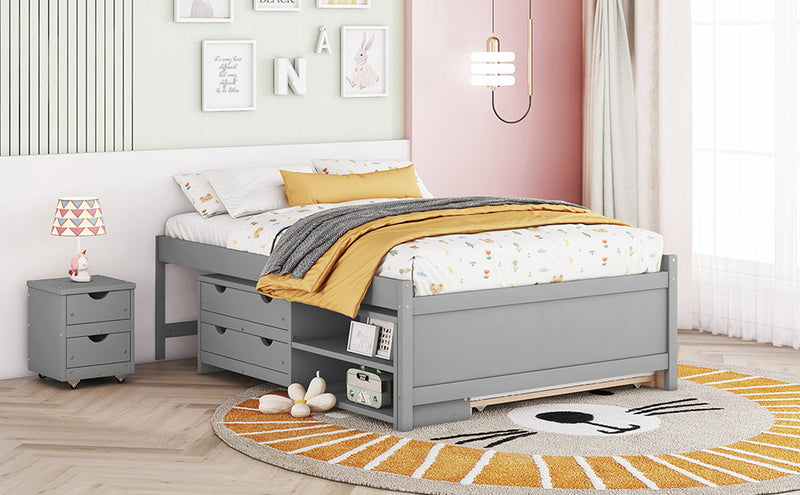 Versatile Full Bed with Trundle,Under bed Storage Box and Nightstand .Grey