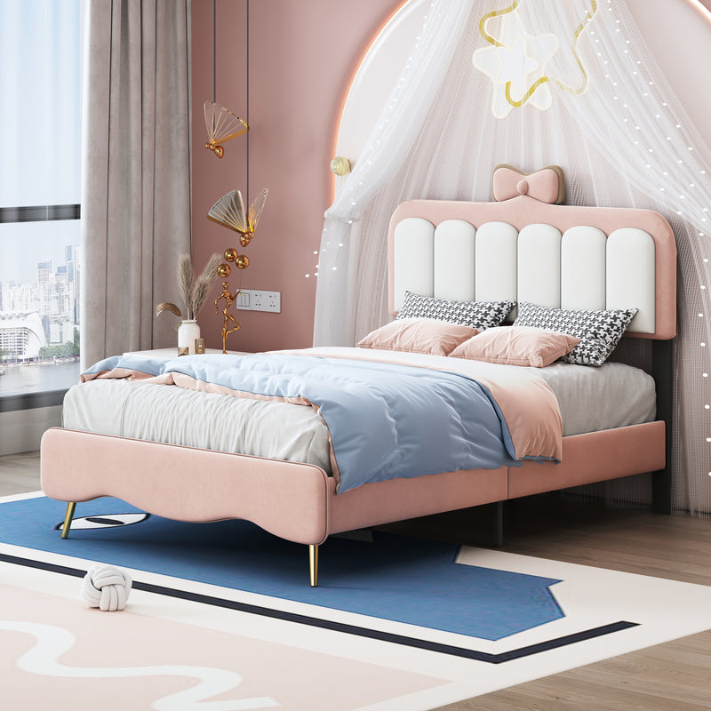 Twin size Velvet Princess Bed With Bow-Knot Headboard,Twin Size Platform Bed with Headboard and Footboard,White+Pink