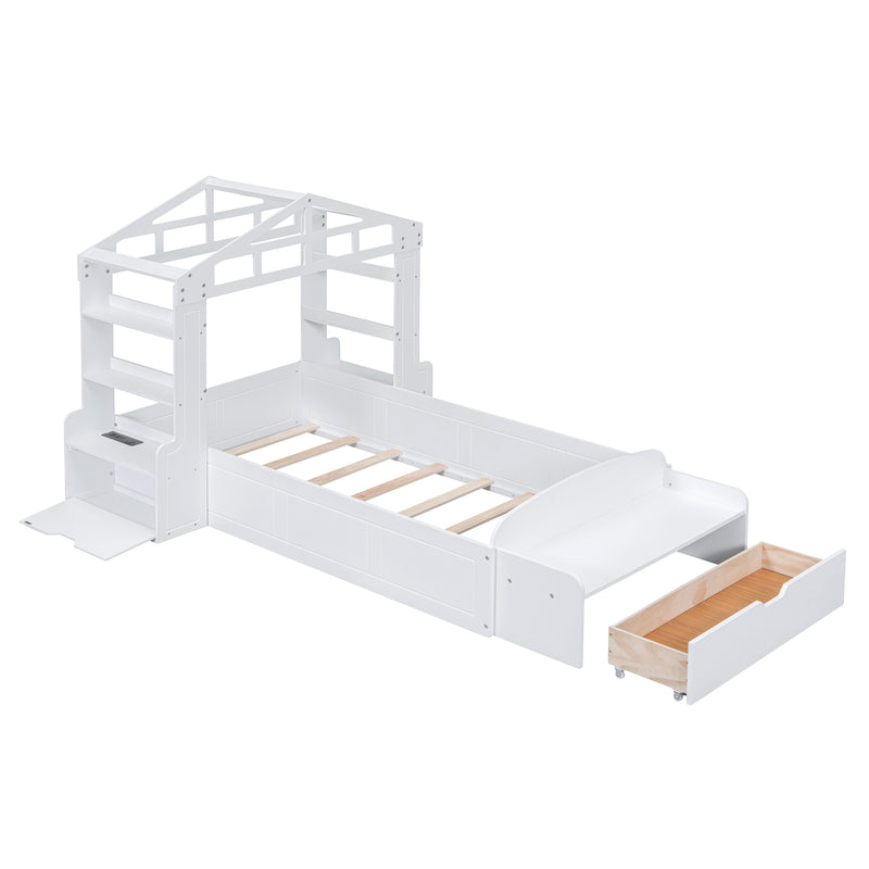 Twin Size House Bed with Bench, Socket and Shelves, White