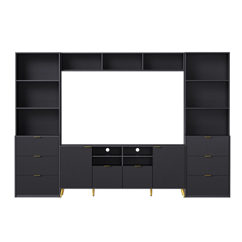 4 Piece Entertainment Wall Unit With 13 Shelves, 8 Drawers And 2 Cabinets, Multifunctional TV Stand Media Storage Cabinet With Fluted Line Surface For Living Room, For TVs Up To 70"