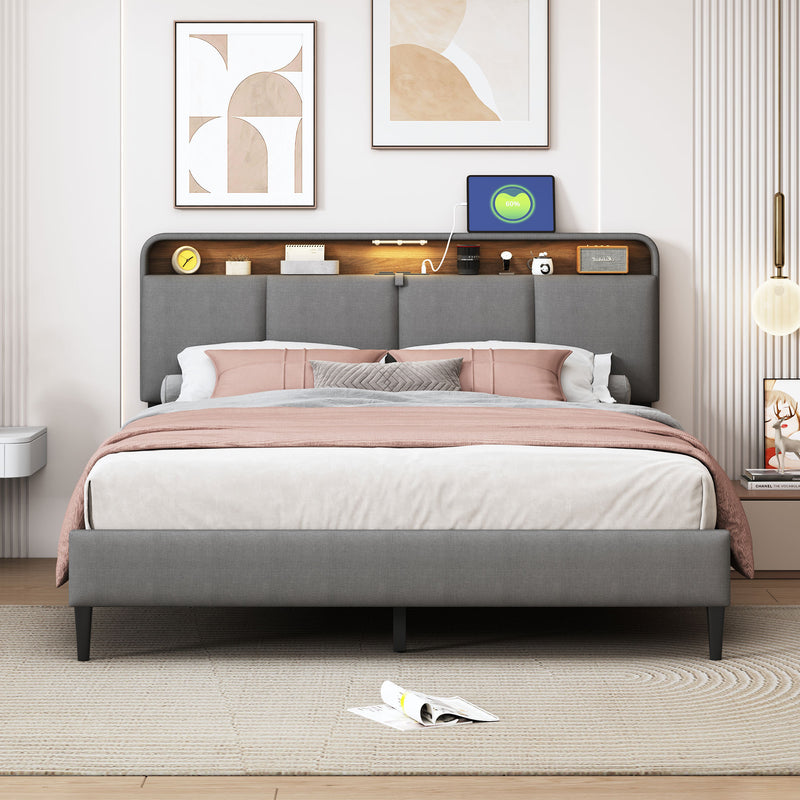 Queen size Upholstered Platform Bed with Storage Headboard, Sensor Light and a set of Sockets and USB Ports, Linen Fabric, Gray