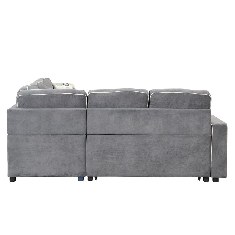 L-Shaped Pull Out Sofa Bed Modern Convertible Sleeper Sofa With 2 USB Ports, 2 Power Sockets And 3 Pillows For Living Room