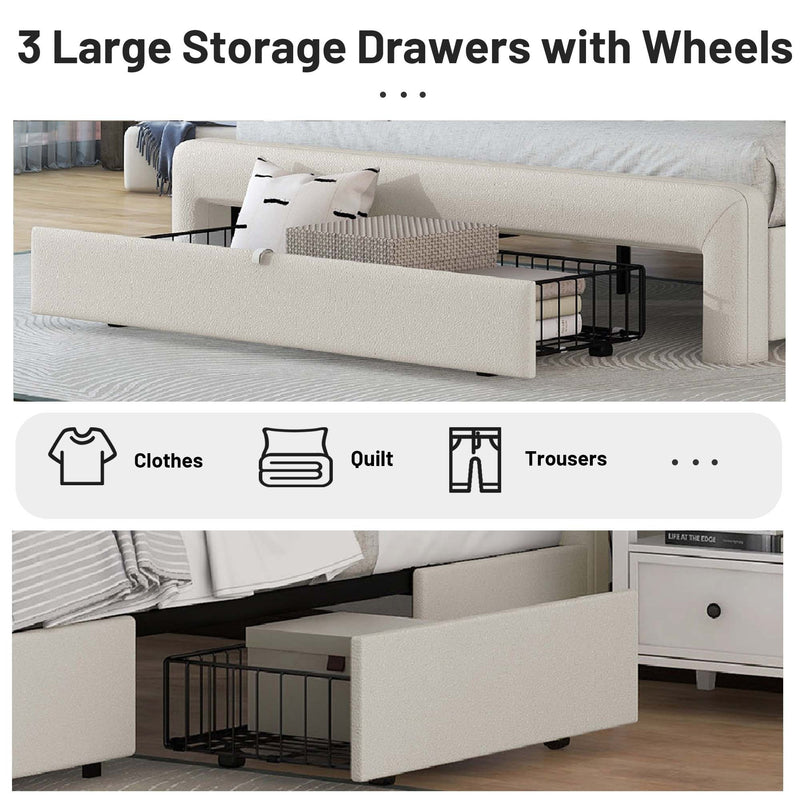 Queen Size Bed Frame with Drawers Storage, Leather Upholstered Platform Bed with Charging Station,Beige