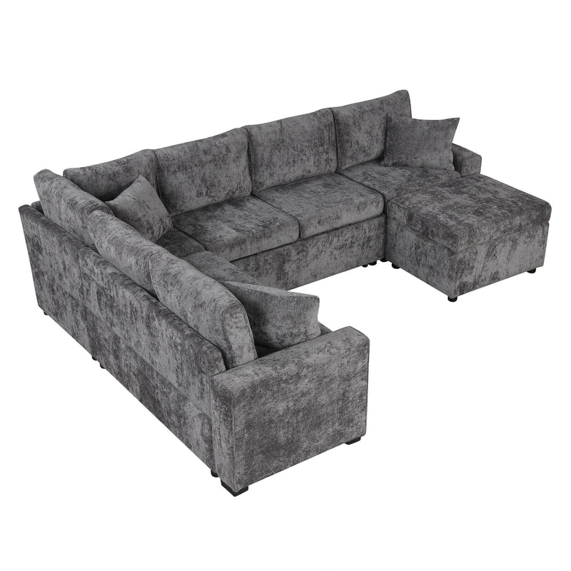 Sectional Sofa Pull-Out Sofa Bed Sleeper With A Storage Ottoman, Three Pillows And Charging Devices For Living Room