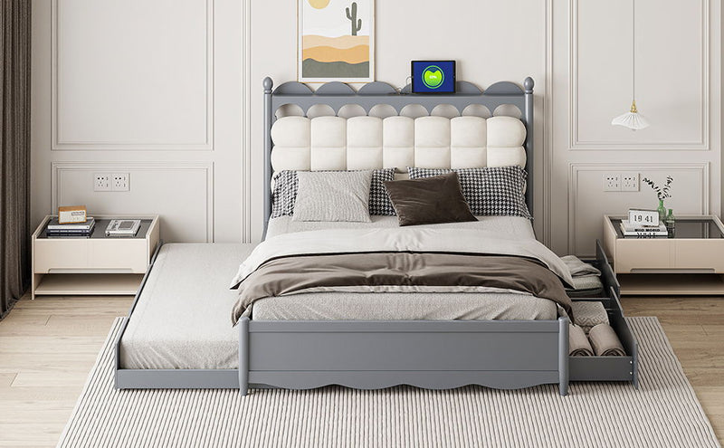 Storage Platform Bed, With 2 Big Drawers, Trundle, One Set Of Sockets & USB Ports