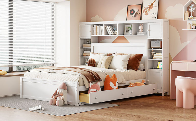 Queen Size Wooden Bed With All-in-One Cabinet, Shelf and Sockets, White