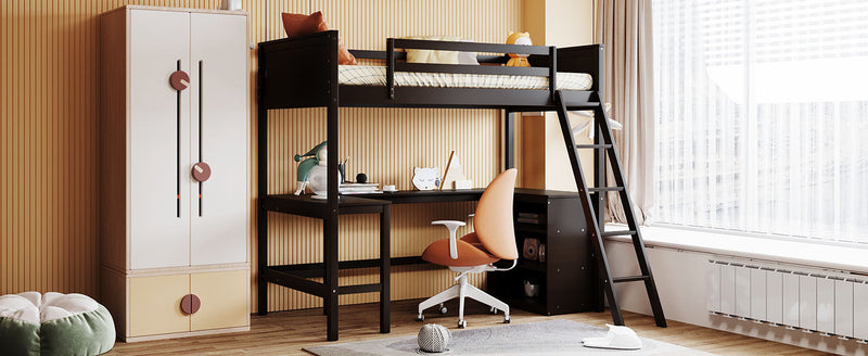 Twin size Loft Bed with Shelves and Desk, Wooden Loft Bed with Desk - Espresso(OLD SKU:LT000537AAP)