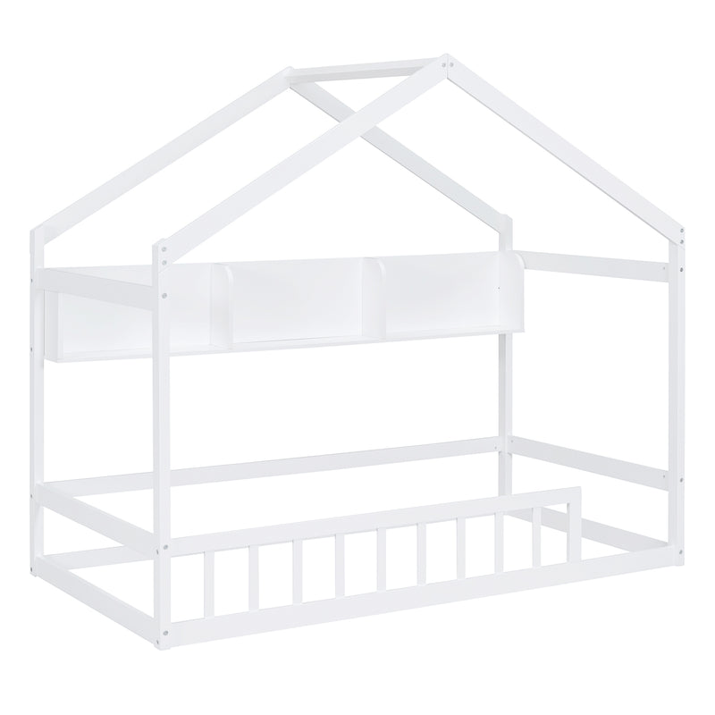 Wooden Twin Size House Bed with Storage Shelf,Kids Bed with Fence and Roof, White