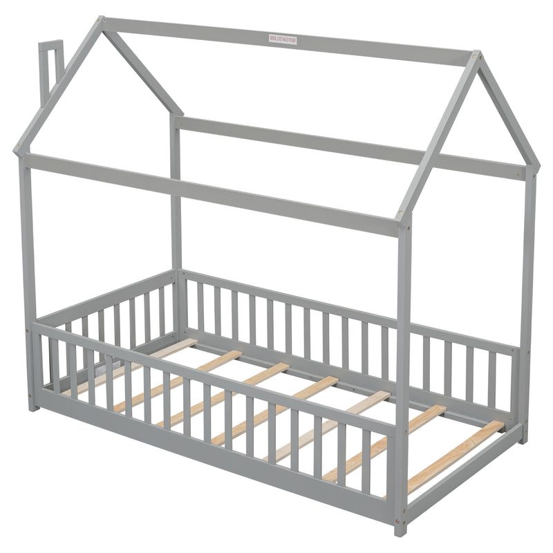 Twin House Bed with Guardrails, Slats ,Grey