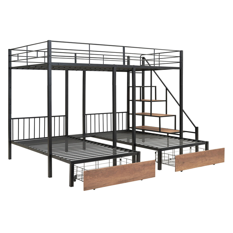 Full Over Twin-Twin Triple Bunk Bed With Drawers And Staircase - Black