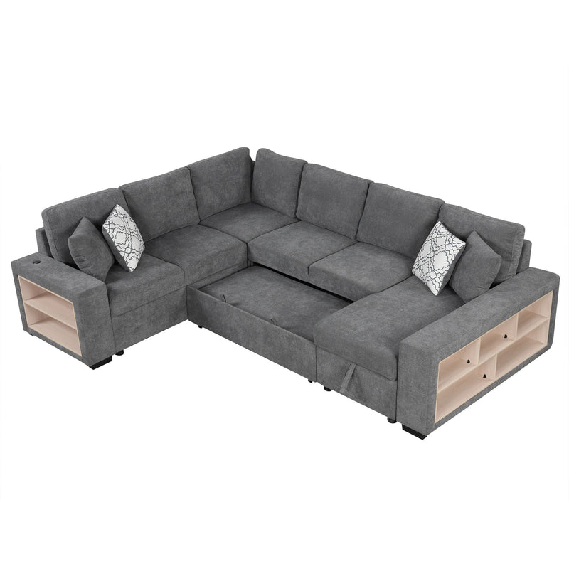 U-Shaped Sectional Sofa Pull-Out Sofa Bed With Two USB Ports, A Storage Chaise Lounge And Four Back Pillows For Living Room