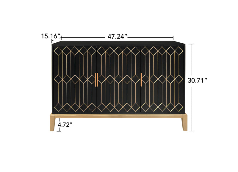 Carved Line 3 Door Storage Cabinet, Sideboard Buffet Cabinet With Adjustable Shelf, Large Storage Accent Cabinet For Living Room - Antique Black