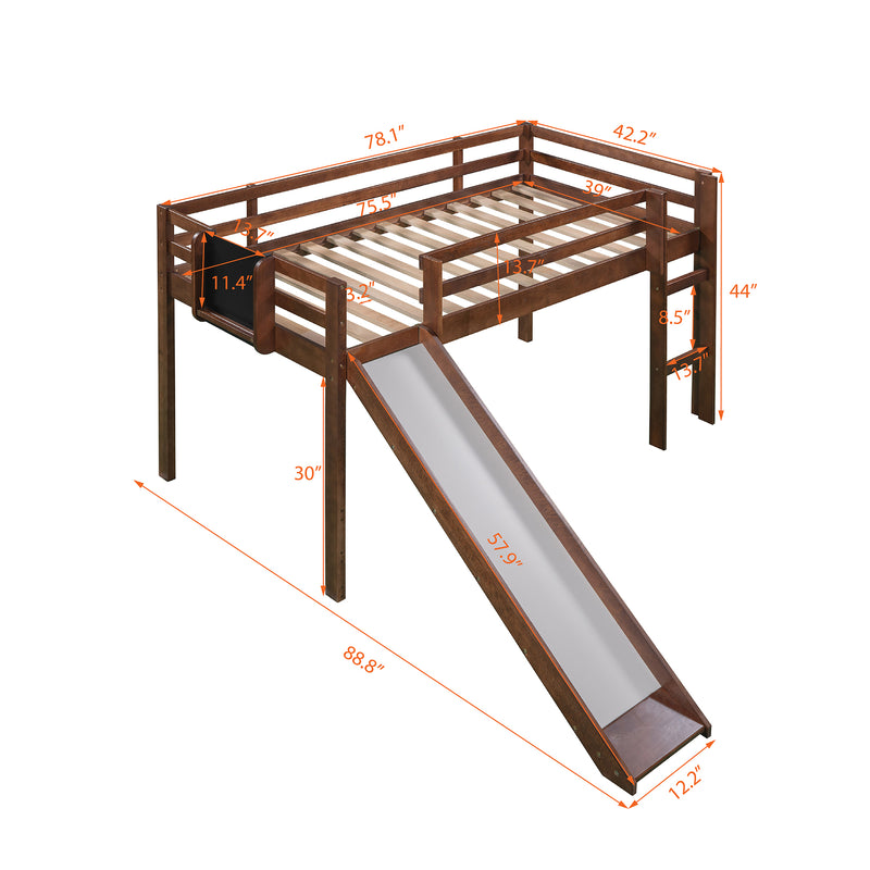 Twin size Loft Bed Wood Bed with Slide, Stair and Chalkboard,Walnut(OLD SKU :WF282115AAL)