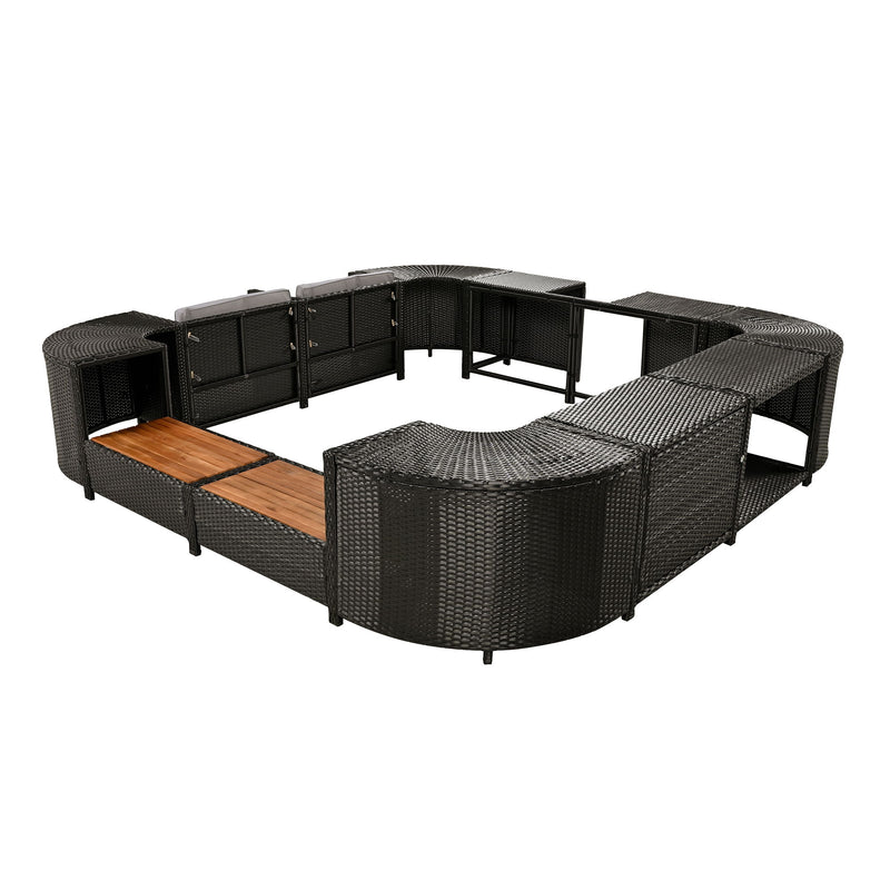 Spa Surround Spa Frame Quadrilateral Outdoor Rattan Sectional Sofa Set With Mini Sofa, Wooden Seats And Storage Spaces