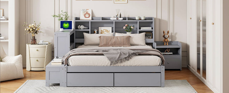 Platform Bed With Multi Functional Storage Space, Nightstand, 2 Drawers, USB Ports And Desk