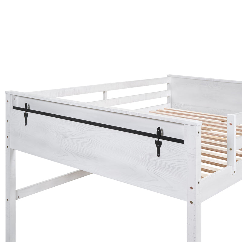 Wood Full Size Loft Bed with Hanging Clothes Racks, White