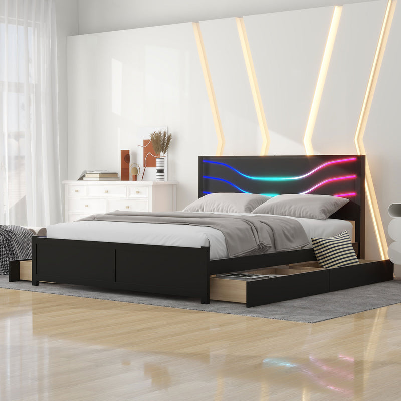 Queen Size Wood Storage Platform Bed with LED and 4 Drawers, Black