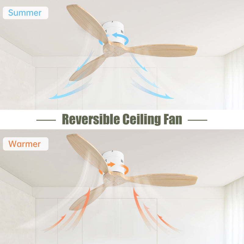 Decorative Solid Wood Ceiling Fan Without Light 6 Speed Remote Control Reversible Dc Motor For Home - Light Brown / White