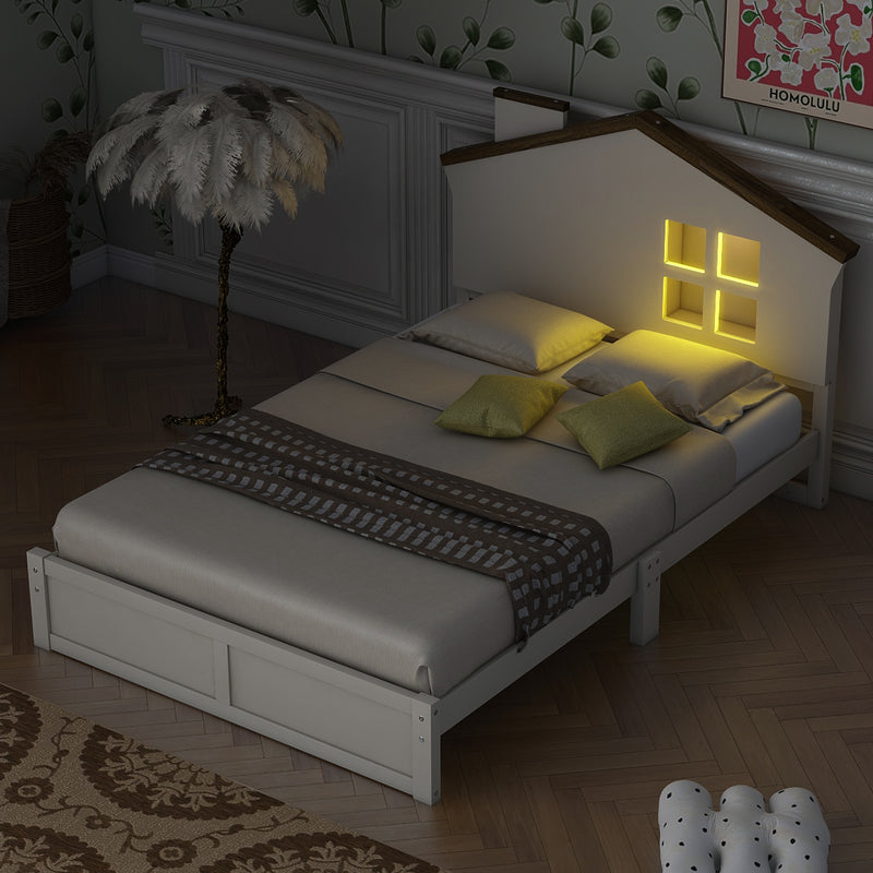 Twin Size Wood Platform Bed with House-shaped Headboard and Built-in LED, Walnut+Milk White