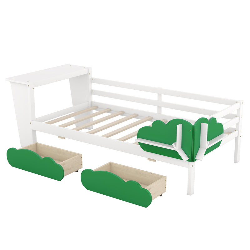 Twin Size Daybed with Desk, Green Leaf Shape Drawers and Shelves, White