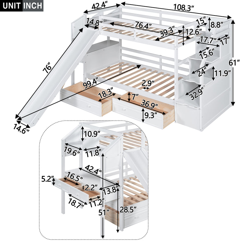 Twin over Twin Bunk Bed with Storage Staircase, Slide and Drawers, Desk with Drawers and Shelves, White