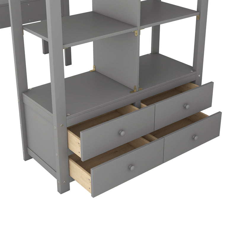 Twin  Size Loft Bed with Built-in Desk with Two Drawers, and Storage Shelves and Drawers,Gray