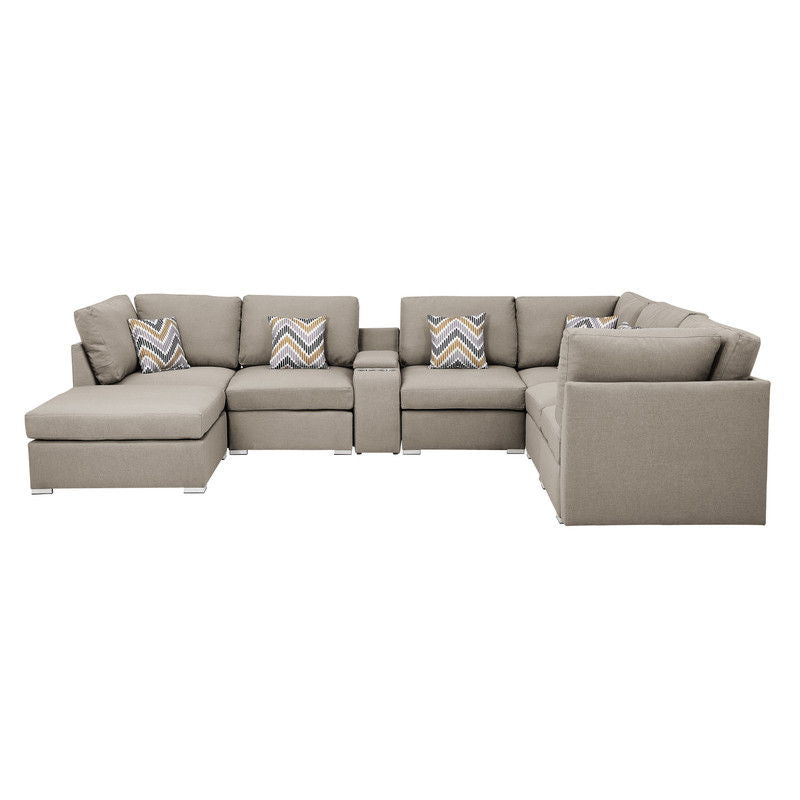 Lucy - Fabric Reversible Modular Sectional Sofa With USB Console And Ottoman - Beige