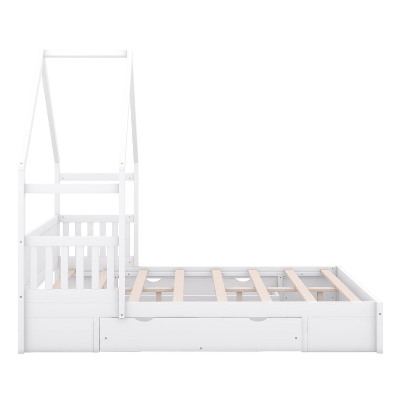 Wood Queen Size House Platform Bed with Guardrail and 2 Drawers, White (Expected Arrival Time:4.26)