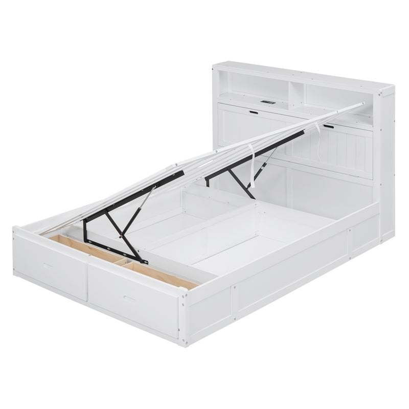 Wood Queen Size Hydraulic Platform Bed with Storage LED Headboard, Charging Station and 2 Drawers, White