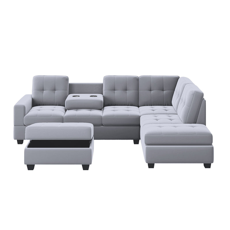 Sectional Sofa With Reversible Chaise Lounge, L-Shaped Couch With Storage Ottoman And Cup Holders