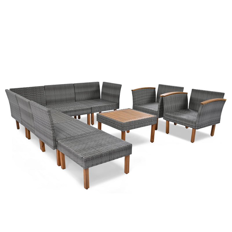 9 Piece Patio Rattan Furniture Set, Outdoor Conversation Set With Acacia Wood Legs And Tabletop, PE Rattan Sectional Sofa Set With Coffee Table, Washable Cushion