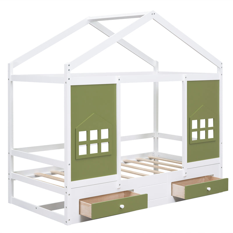 Twin Size Wood House Bed with 2 Drawers and Window Decoration, White+Olive Green