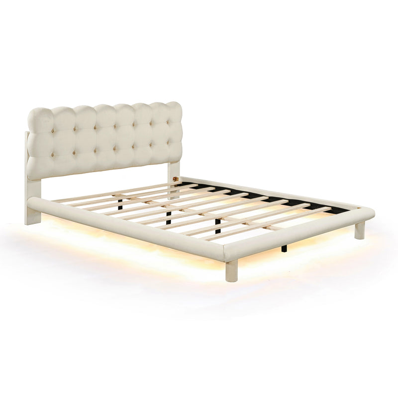 Queen Size Velvet Platform Bed with LED Frame, Thick & Soft Fabric and Button-tufted Design Headboard, Beige