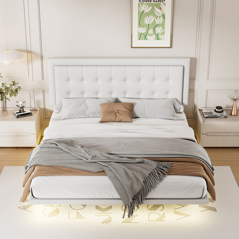 Queen Size Floating Bed Frame with Motion Activated Night Lights,Modern PU Upholstered Button Tufted Platform Bed Frame,White