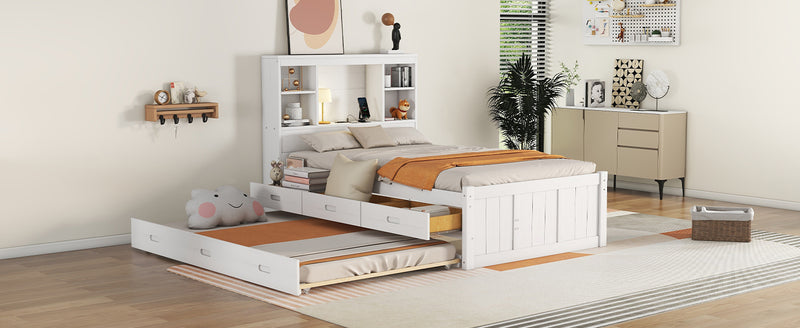 Twin Size Platform Bed with Storage Headboard, Charging Station, Twin Size Trundle and 3 Drawers, Antique White