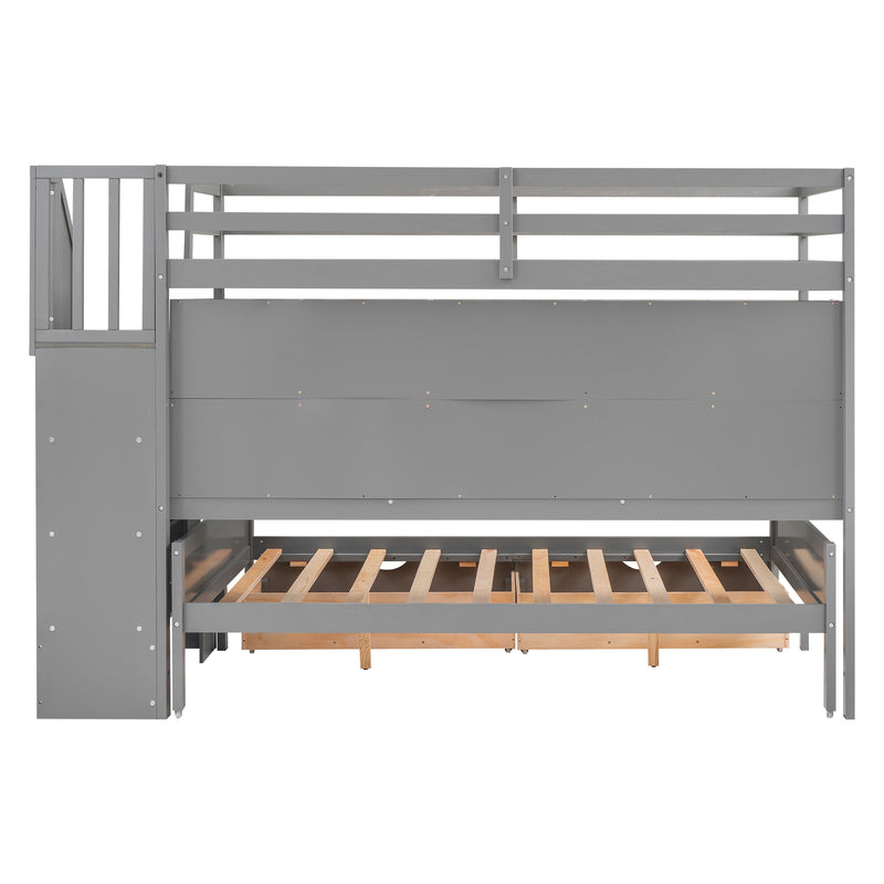 Twin XL over Full Bunk Bed with Built-in Storage Shelves, Drawers and Staircase,Gray