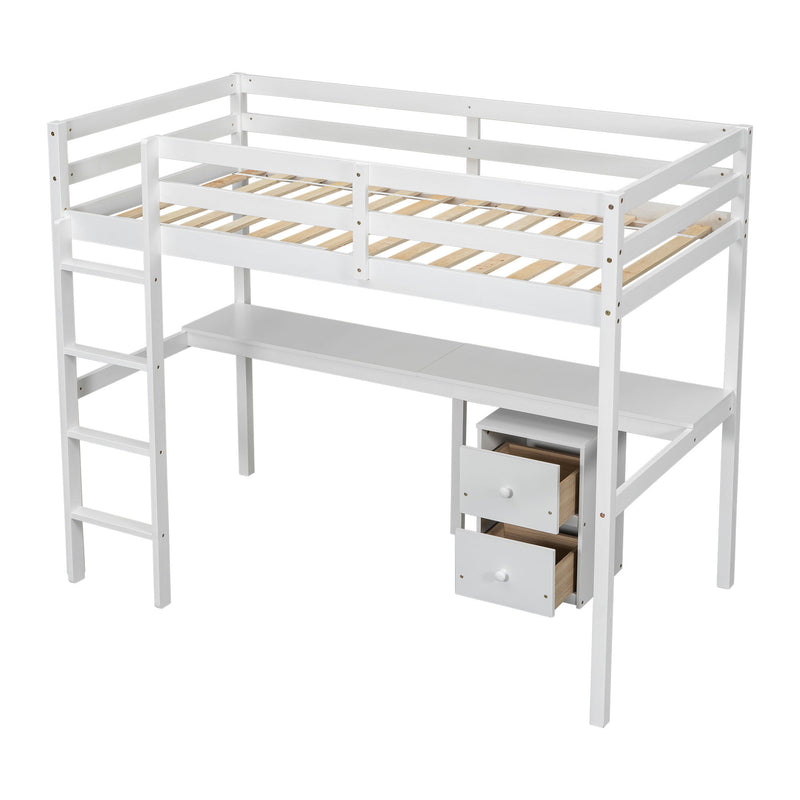 Loft Wood Bed With Under-Bed, Built-In Desk, A Storage Cabinet Of 2 Drawers, Guardrails, Ladder