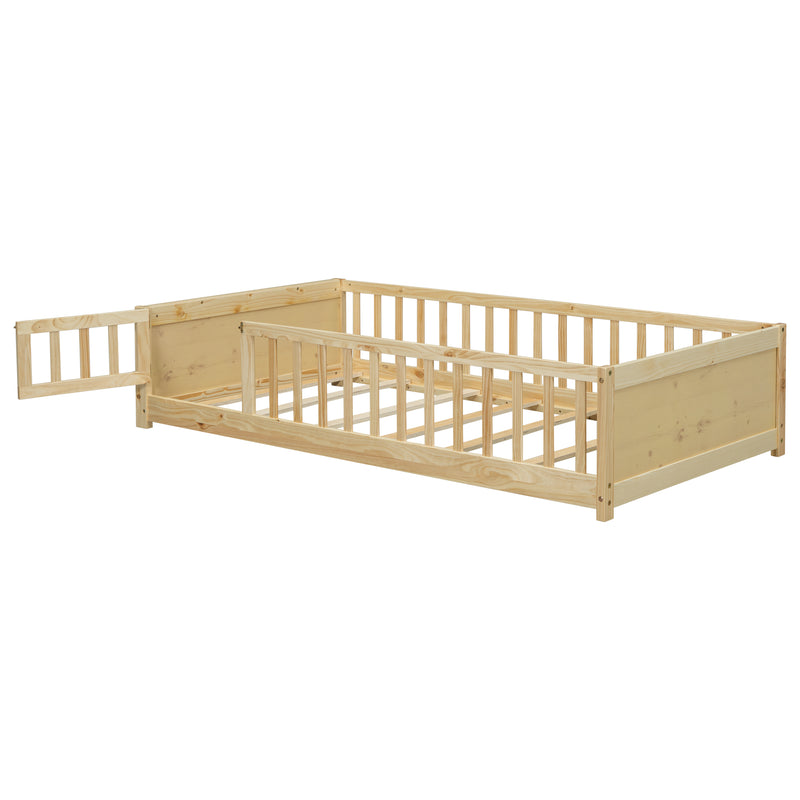 Twin size Floor Platform Bed with Built-in Book Storage Rack, Door,Natural