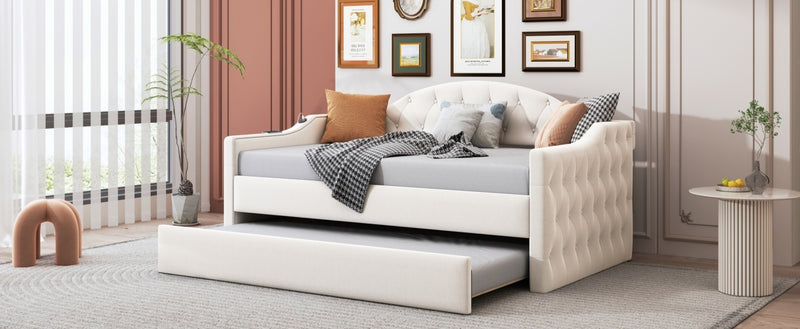 Twin Size Tufted Upholstered Daybed with Trundle ,Velvet Sofabed with USB&Type-C Charging Ports,No Box-spring Needed, Beige