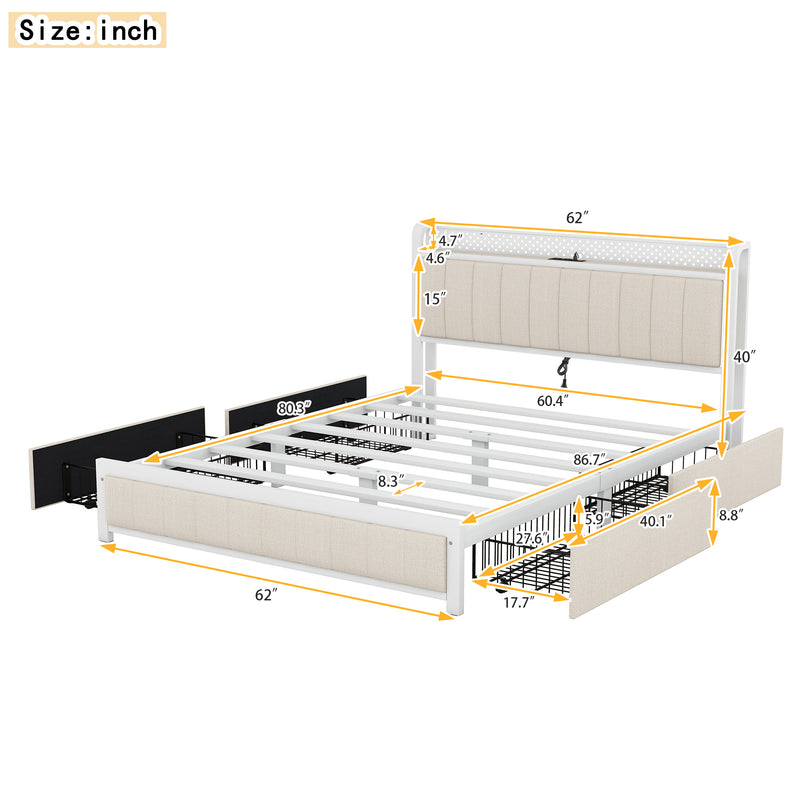 Queen Bed Frame with LED Headboard, Upholstered Bed with 4 Storage Drawers and USB Ports, Beige