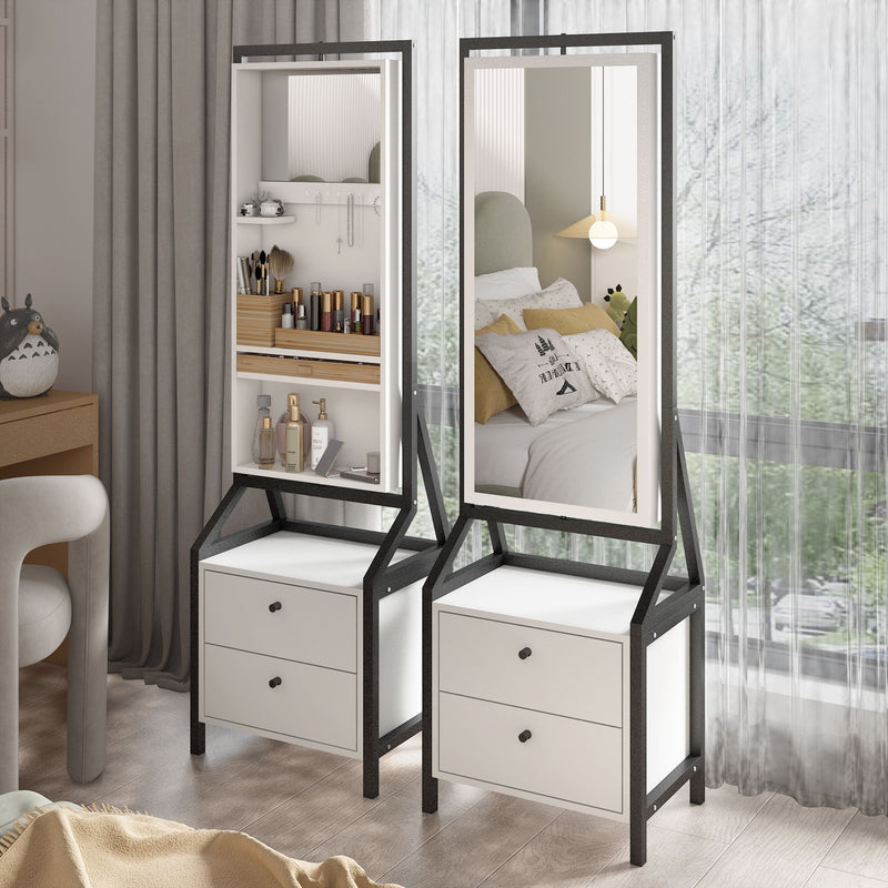 Modern Design Rotating Floor Standing Mirror Closet & Spacious Storage Area - White