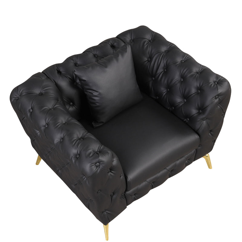 Modern Sofa Couch PU Upholstered Sofa With Sturdy Metal Legs, Button Tufted Back, Single Sofa Chair For Living Room, Apartment, Home Office - Black