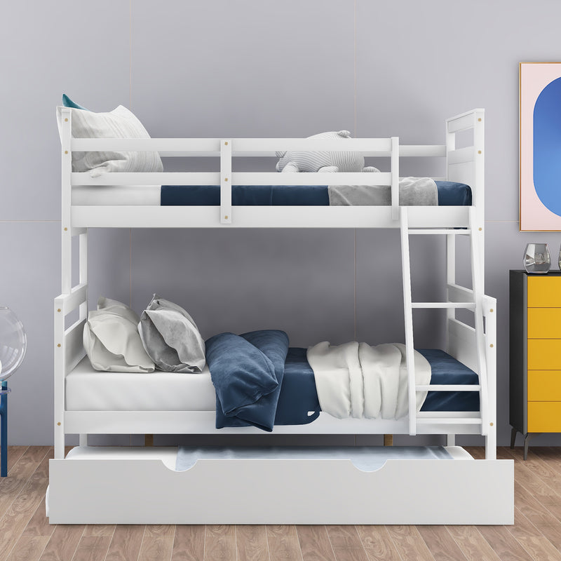 Twin over Full Bunk Bed with Ladder, Twin Size Trundle, Safety Guardrail, White(Old SKU: SM000208AAE-1)