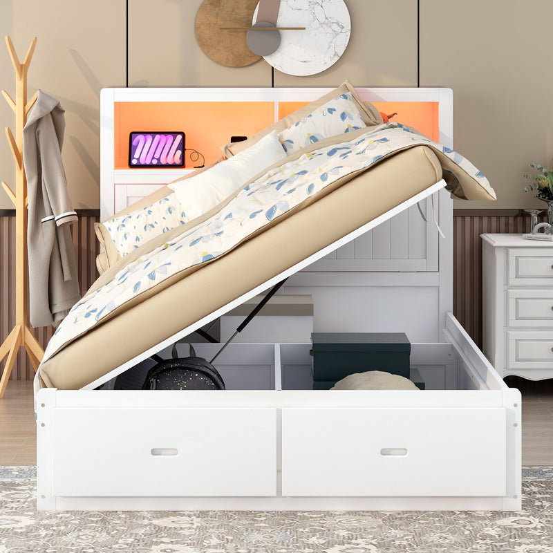 Wood Queen Size Hydraulic Platform Bed with Storage LED Headboard, Charging Station and 2 Drawers, White